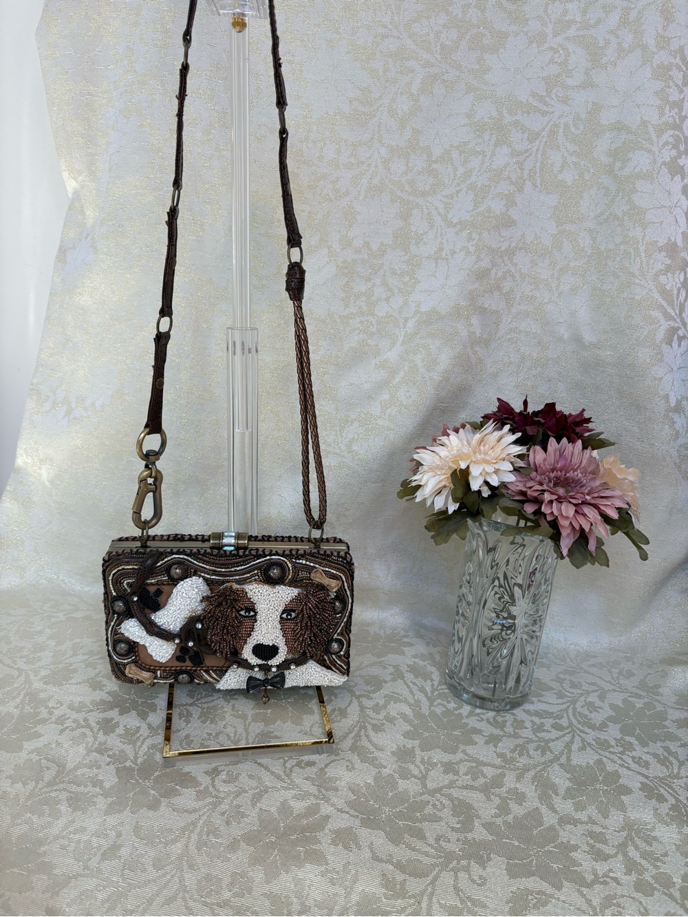 Mary Frances Brown Beaded Dog Motif Handbag with Leash like Strap